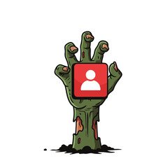Zombie hand reaching for social media profile icon, a spooky symbol for digital addiction and the undead online, perfect for Halloween campaigns