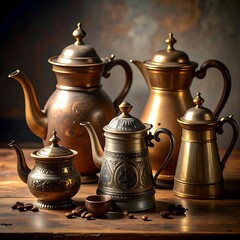 Antique copper coffee pots and teapots
