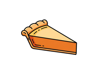 A cartoon-style illustration depicts a delectable slice of pie, showcasing the flaky crust and filling in warm autumnal hues against a striking black background.