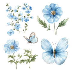 Blue flowers and butterflies watercolor illustration