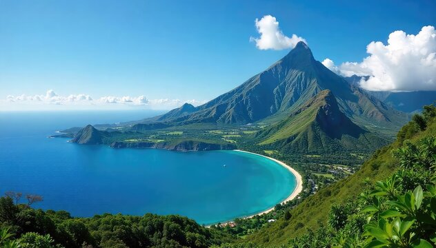 Majestic Mount Orohena Tahitis Highest Peak Soars Above Lush Slopes and Azure Skies