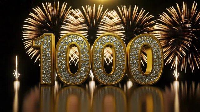 Shiny golden 1000 anniversary number with sparkling fireworks in background, festive celebration design for jubilee and birthday