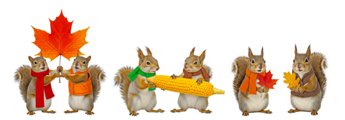 Playful squirrels in colorful autumn scarves sharing corn and holding maple leaves isolated on transparent background for cozy fall harvest and seasonal festive illustration design