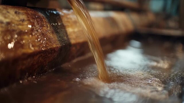 Medium angle capturing juice dripping from crushed sugarcane between rotating rollers centerfocused on the glossy liquid while the surrounding mill structure fades into blur.