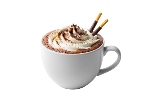 Aromatic hot chocolate in a white mug, topped with whipped cream and chocolate sprinkles, garnished with two thin chocolate-covered wafers.