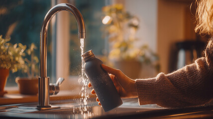Hand refilling a reusable water bottle at a home sink, promoting sustainability, daily hydration, and the habit of reducing plastic.

