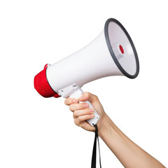 Hand holding a white and red megaphone announcing loudly with copy space transparent background