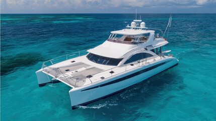 Fototapeta premium A luxury catamaran glides gracefully over turquoise waters, surrounded by tropical islands under a sunny sky, offering a tranquil escape for boating enthusiasts