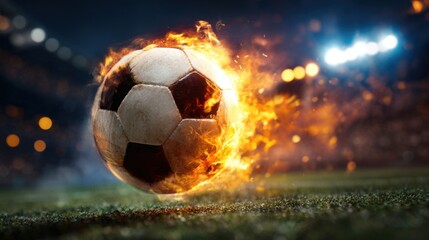 Fototapeta premium A soccer ball surrounded by flames moves swiftly across a vibrant green pitch. The stadium is alive with cheers from passionate fans, illuminating the night sky