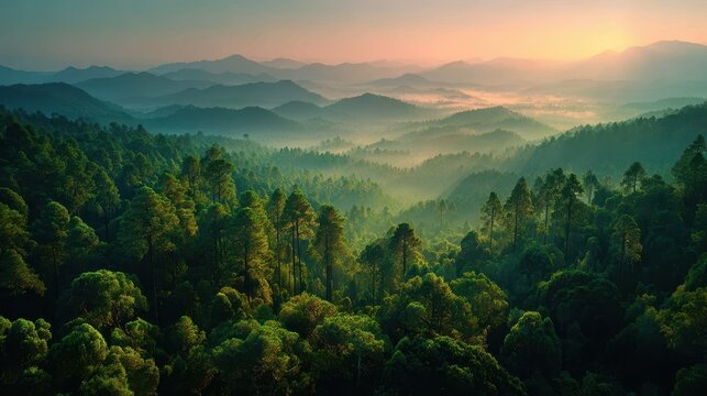 Misty Mountain Range Forest Landscape at Sunrise, Aerial View of Evergreen Trees and Rolling Hills with Golden Light