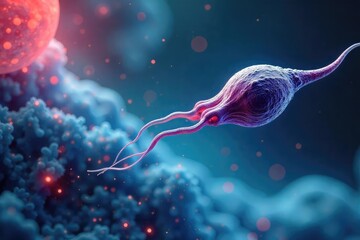 Microscopic view of healthy human sperm cells swimming towards an egg, illustrating the process of fertilization and reproduction , scientific, science, sperm