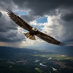 Fototapeta premium Majestic bald eagle soaring through dramatic stormy clouds over a scenic valley