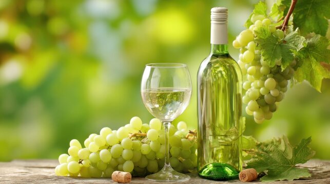 A bottle of white wine sits next to a glass filled with the drink, accompanied by clusters of fresh green grapes. The setting is bright and natural, perfect for a relaxing moment - Powered by Adobe