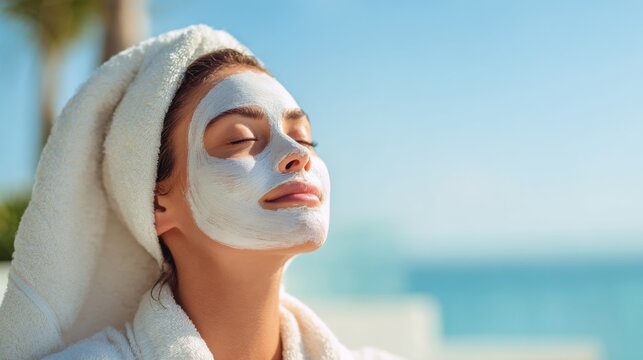 A woman with a facial mask is seated outdoors, soaking up the sun at a beachfront resort. She appears calm and rejuvenated, with ocean waves in the background