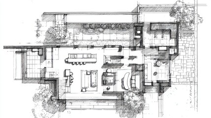Obraz premium This detailed architectural floor plan illustrates a modern house design emphasizing open living areas, a spacious kitchen, and outdoor landscaping. Natural light is prioritized