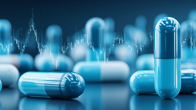 Capsules with a financial chart overlay symbolizing healthcare analytics, drug market volatility, and data driven decision making.