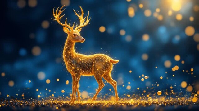 Beautiful golden deer silhouette with glowing particles, standing on the right side of an abstract blue background, swirls of sparkling golden dust and bokeh lights. 4k video