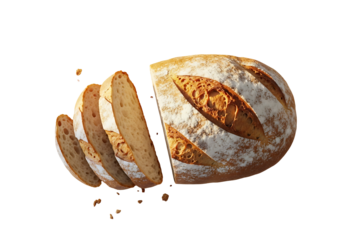 Freshly baked artisanal bread loaf, sliced, with a dynamic, airy presentation against a pure black background.