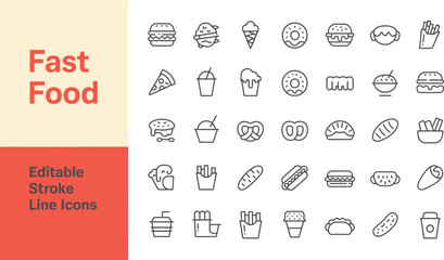 Fast food icons burger pizza donut fries sandwich pretzel taco editable stroke line icons vector set silhouette