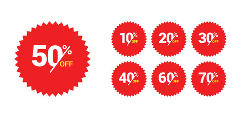 Red starburst sale badges vector discount offer stickers.