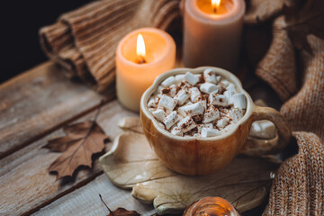 Spicy sweet fall hot drink: delicious pumpkin latte with cinnamon, marshmallow with salted caramel....