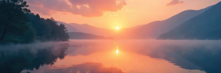 Fototapeta premium Serene sunrise over a tranquil lake, mist softly clinging to the water's surface, conveying a sense of peace and gentle spiritual awakening , ethereal, outdoor, dawn