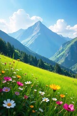 Fototapeta premium Serene mountain meadow bathed in sunlight, wildflowers in bloom, rolling green hills, clear blue sky A peaceful landscape perfect for nature lovers , ecosystem, summer, meadow