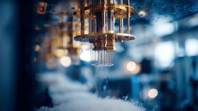 Medium shot capturing a quantum computers cooling system with frostcovered tubes in sharp detail surrounded by outoffocus lab benches.