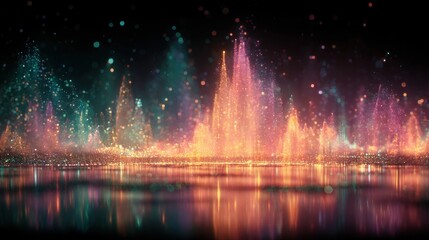 Naklejka premium Abstract Glittering Landscape with Reflections, Sparkling Particles, and Colorful Light Waves on Dark Background, Ideal for Festive Celebrations and Digital Art