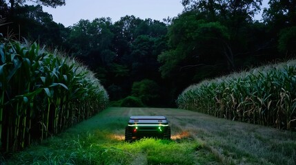 Night farming robot glowing green sensors navigating through cornfield moody