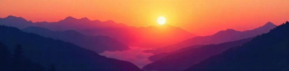 Obraz premium Silhouetted mountains rise majestically from a misty valley floor at sunrise, creating a breathtaking panoramic view Perfect for travel, nature, and adventure themes , peak, sun, stones