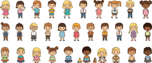 Cartoon children group, mixed poses, sitting and standing, diverse characters, flat vector illustration, playful props, white background