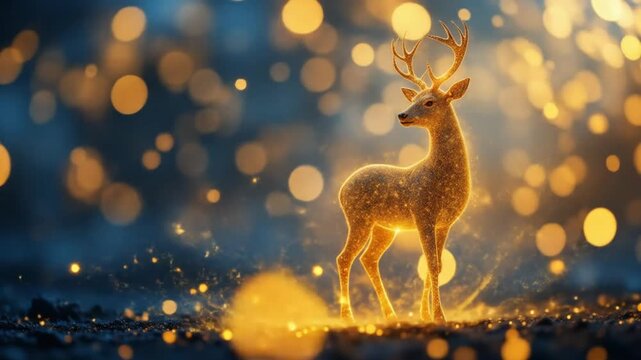 Beautiful golden deer silhouette with glowing particles, standing on the right side of an abstract blue background, swirls of sparkling golden dust and bokeh lights. 4k video
