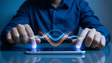 Professional using modern smartphone with digital wave interface, connectivity