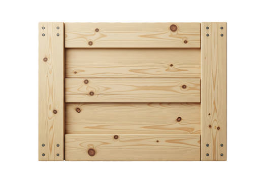 A light-beige wooden crate with visible wood grain and small metal fasteners is presented against a pure black background.