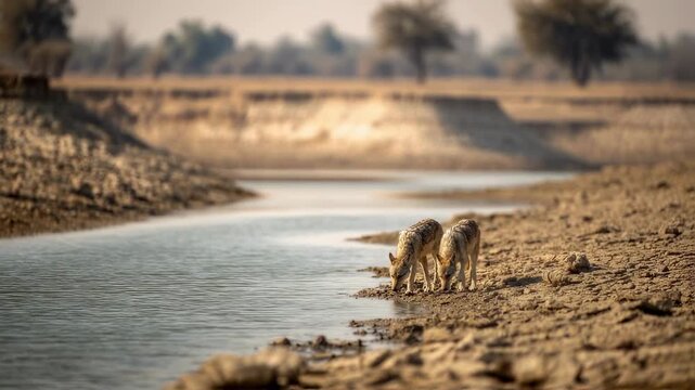 Two black backed jackals drinking at a waterhole in a dry riverbed, surrounded by a stunning african landscape, highlight the beauty and challenges of wildlife in their natural habitat