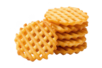Stack of golden waffle fries isolated on transparent background