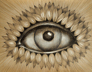 Hand drawing of an eye on wrapping paper