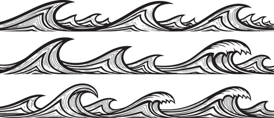 Fototapeta premium Detailed hand drawn ocean waves border design seamless pattern line art