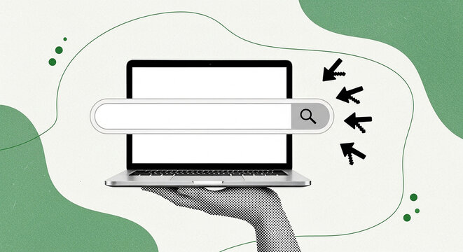 Search Engine Optimization Laptop Digital Marketing SEO Strategy Search Bar Hand Online Visibility Website Traffic