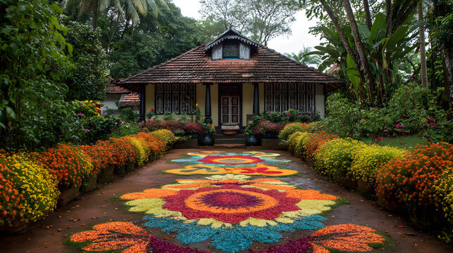A traditional Kerala house with a stunning flower capet in front. Vibrant colos and intricate designs crate a beautiful scene. Lus greenery surrounds the prperty, enhancing its charm