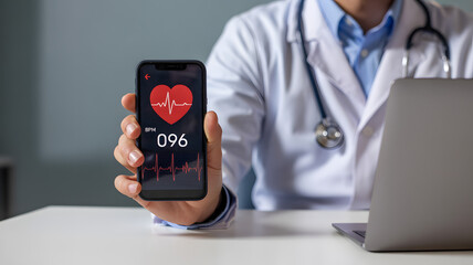 Doctor showing heartbeat app on phone during consultation for digital healthcare