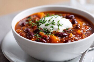 Spicy pumpkin chili in a bowl topped with cream and herbs Generative AI