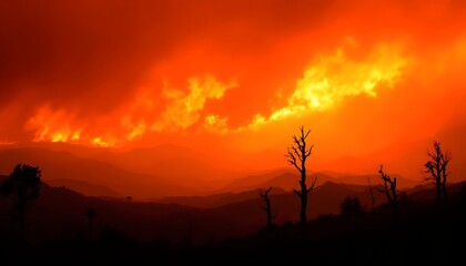 Fototapeta premium A stunning orange and red sunset casts a fiery light across the forest's silhouette