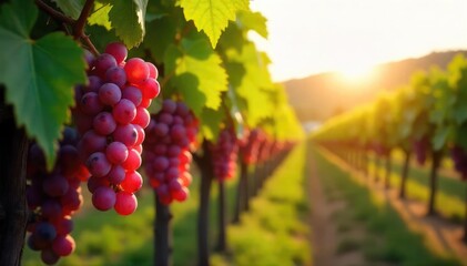 Fototapeta premium Sun-drenched rows of ripening grapes hanging heavy on the vine, ready for harvest at a picturesque winery Lush green leaves frame the vibrant fruit , nature, beverage