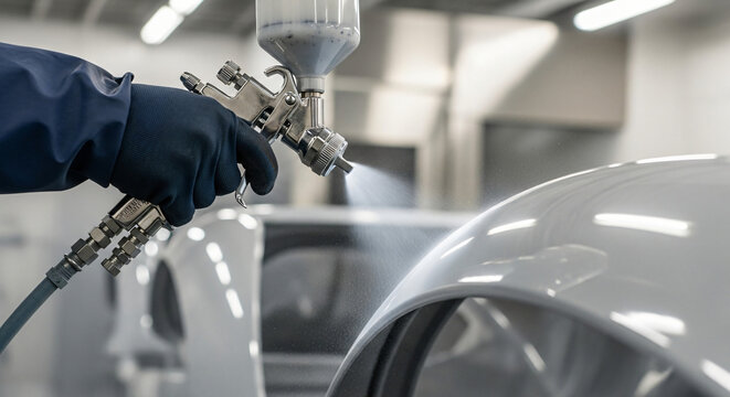 gloved hand holding industrial paint sprayer coating shiny metal surface, precision finishing, industrial work process
