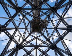 Metal framework of a tower, looking up
