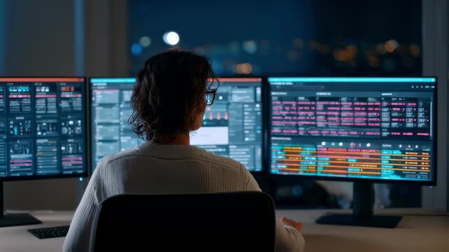 Medium shot of an employee interacting with dual monitors displaying firewall settings symbolizing realtime threat detection in enterprise cybersecurity.