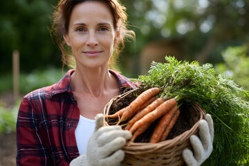 Middle-aged woman harvesting carrots in a garden Generative AI