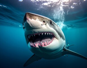 Naklejka premium Great white shark underwater close-up